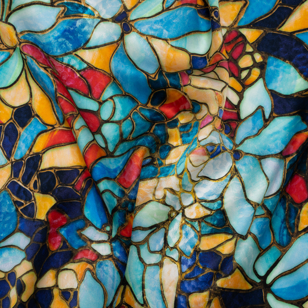 Silk Charmeuse Print 16MM, Made in Italy - Sky Blue, Golden Yellow and Red Stained Glass Flower Mosaic Drape