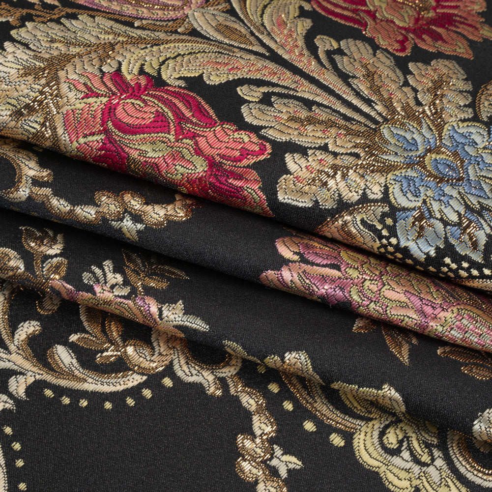 Yaya Han Metallic Polyester Brocade - Black, Red and Sage Green Floral Damask - Cosplay Collection - Folded