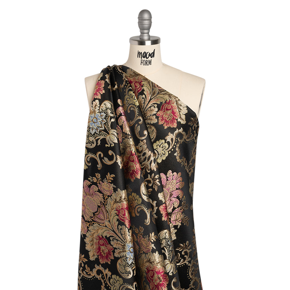 Yaya Han Metallic Polyester Brocade - Black, Red and Sage Green Floral Damask - Cosplay Collection - Drape