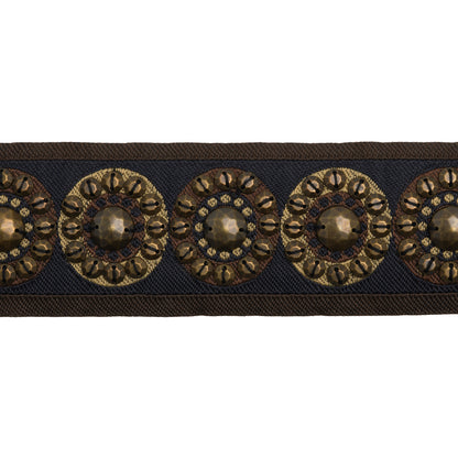 Yaya Han Beaded Jacquard Ribbon Trim - Nairobi Black, Brown and Antique Gold Circles, 1.875" - Cosplay Collection