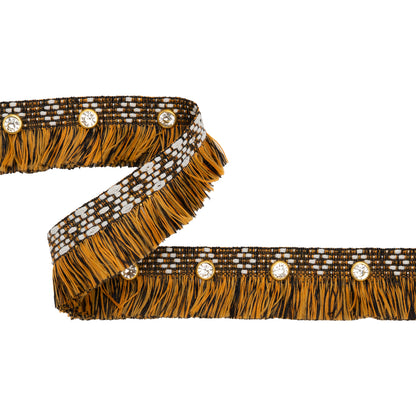 Yaya Han Brush Fringe Trim with Rhinestones - Black, Orange and Gold Geometric, 1.25" - Cosplay Collection