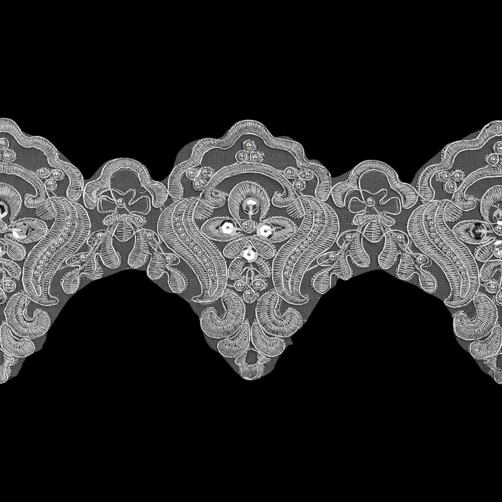 Yaya Han Metallic Corded and Beaded Embroidered Lace Trim - Silver Fae Floral Scallops, 5" - Cosplay Collection - Folded