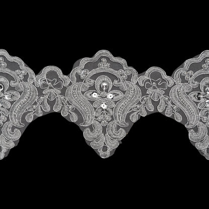 Yaya Han Metallic Corded and Beaded Embroidered Lace Trim - Silver Fae Floral Scallops, 5" - Cosplay Collection