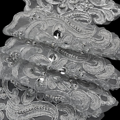 Yaya Han Metallic Corded and Beaded Embroidered Lace Trim - Silver Fae Floral Scallops, 5" - Cosplay Collection