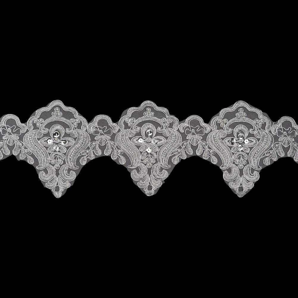 Yaya Han Metallic Corded and Beaded Embroidered Lace Trim - Silver Fae Floral Scallops, 5" - Cosplay Collection