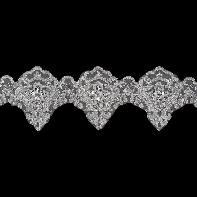 Yaya Han Metallic Corded and Beaded Embroidered Lace Trim - Silver Fae Floral Scallops, 5" - Cosplay Collection