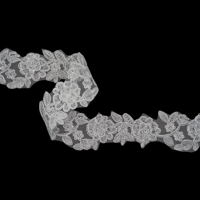 Yaya Han Metallic Corded Embroidered Lace Trim - Silver Fae Floral Vine, 2.5" - Cosplay Collection
