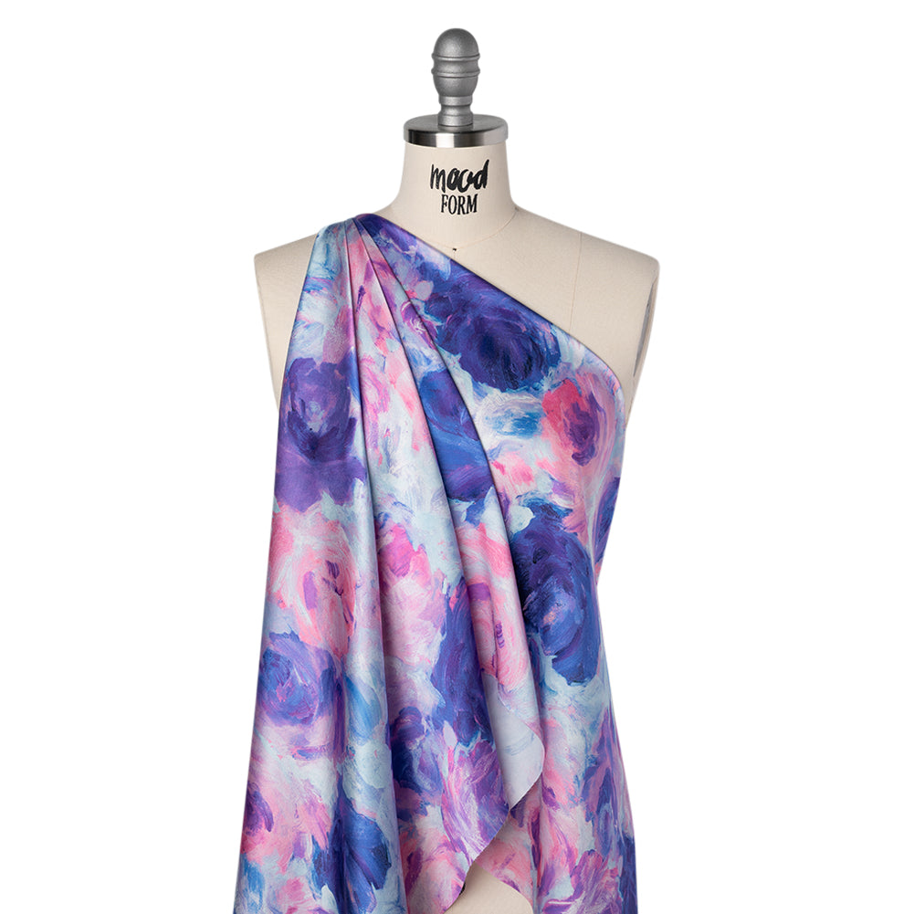 Silk Charmeuse Print 16MM, Made in Italy - Baby Pink, Light Blue and Periwinkle Painted Roses - Folded