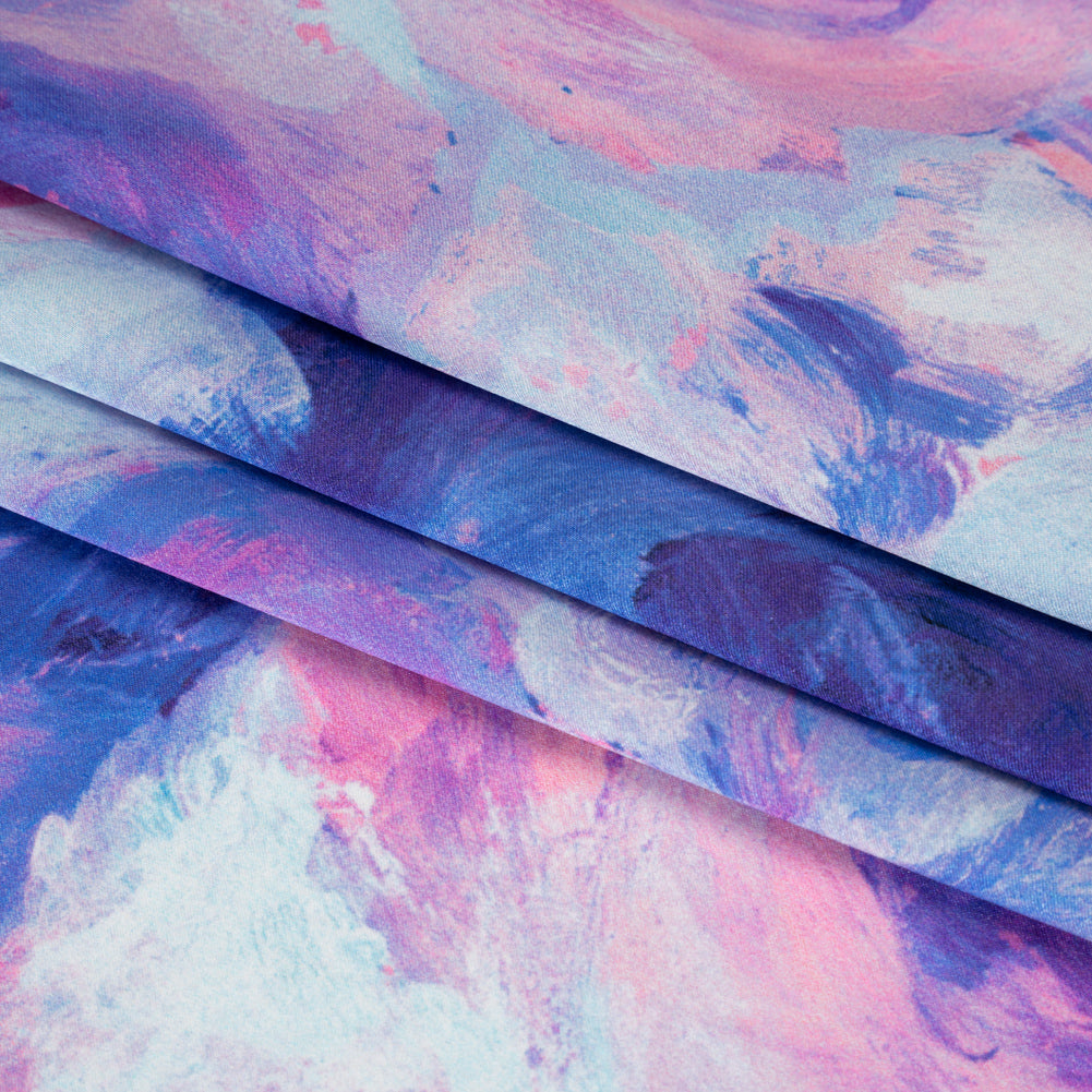 Silk Charmeuse Print 16MM, Made in Italy - Baby Pink, Light Blue and Periwinkle Painted Roses - Detail