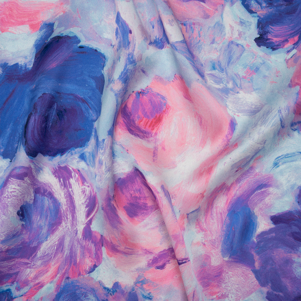 Silk Charmeuse Print 16MM, Made in Italy - Baby Pink, Light Blue and Periwinkle Painted Roses - Drape