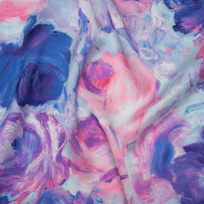 Silk Charmeuse Print 16MM, Made in Italy - Baby Pink, Light Blue and Periwinkle Painted Roses