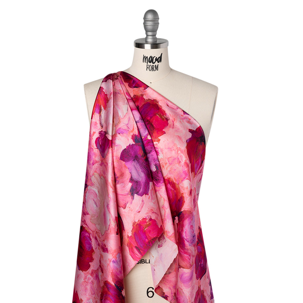 Silk Charmeuse Print 16MM, Made in Italy - Pink, Red and Fuchsia Painted Roses - Folded