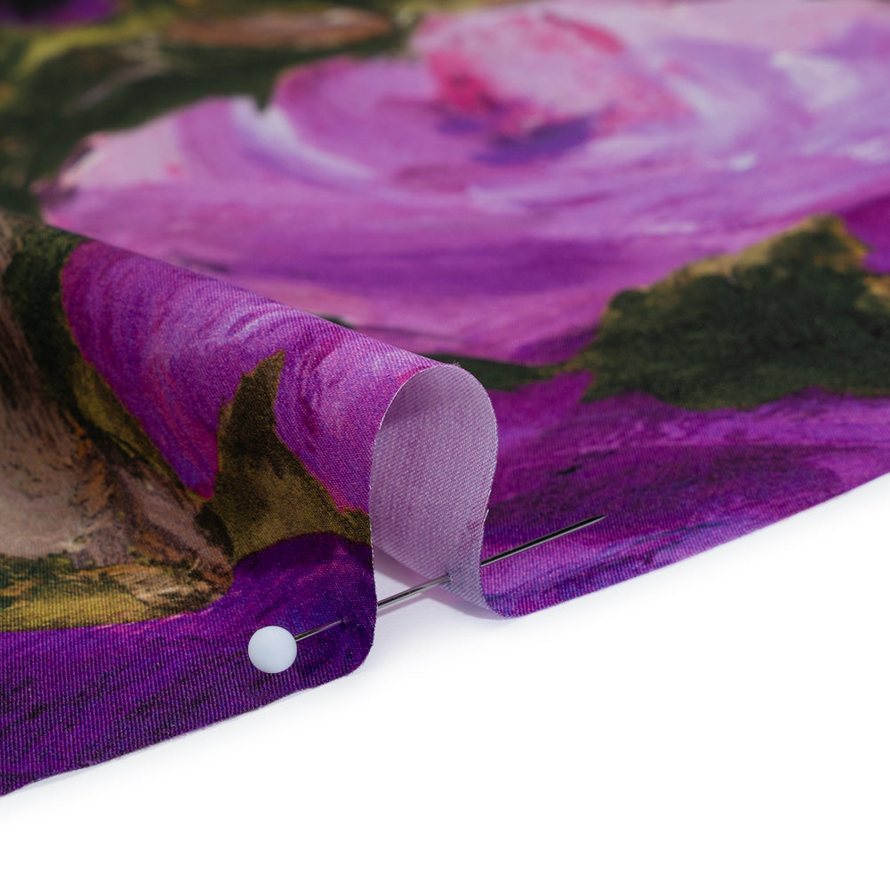 Silk Charmeuse Print 16MM, Made in Italy - Forest Green and Royal Purple Painted Roses Full