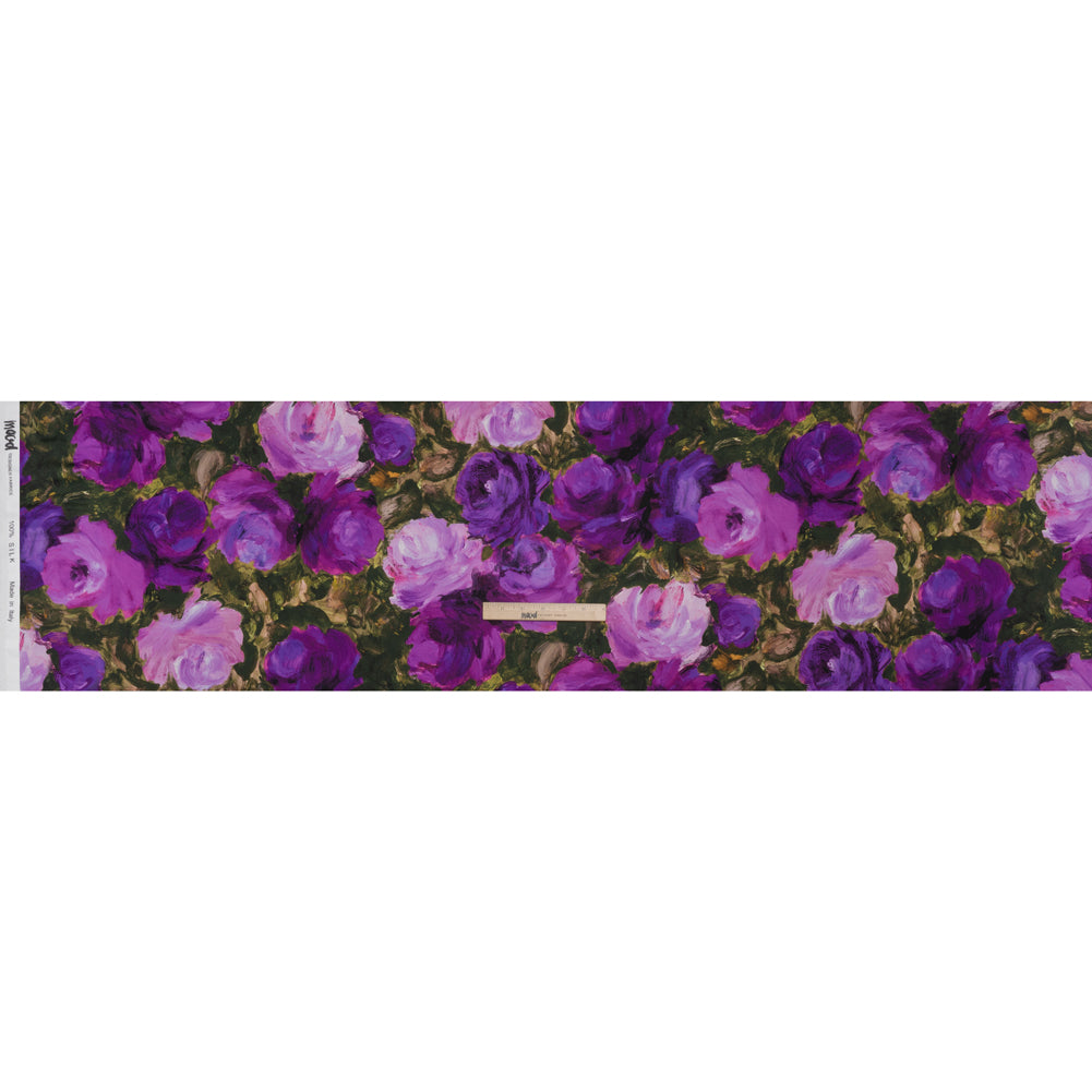Silk Charmeuse Print 16MM, Made in Italy - Forest Green and Royal Purple Painted Roses - Full - Image 5 of 6