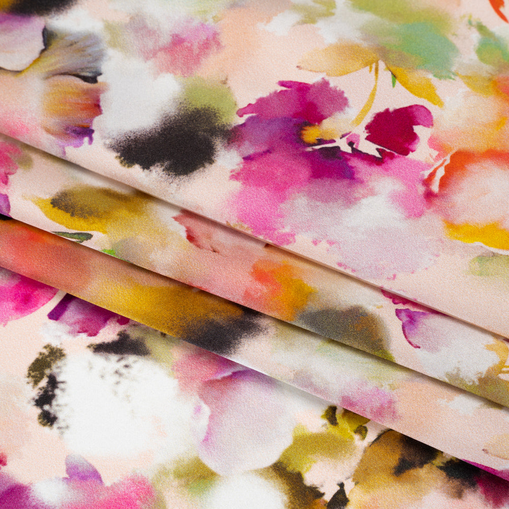 Silk Charmeuse Print 16MM, Made in Italy - Peach, Olive Green and Fuchsia Abstracted Watercolor Flowers Detail