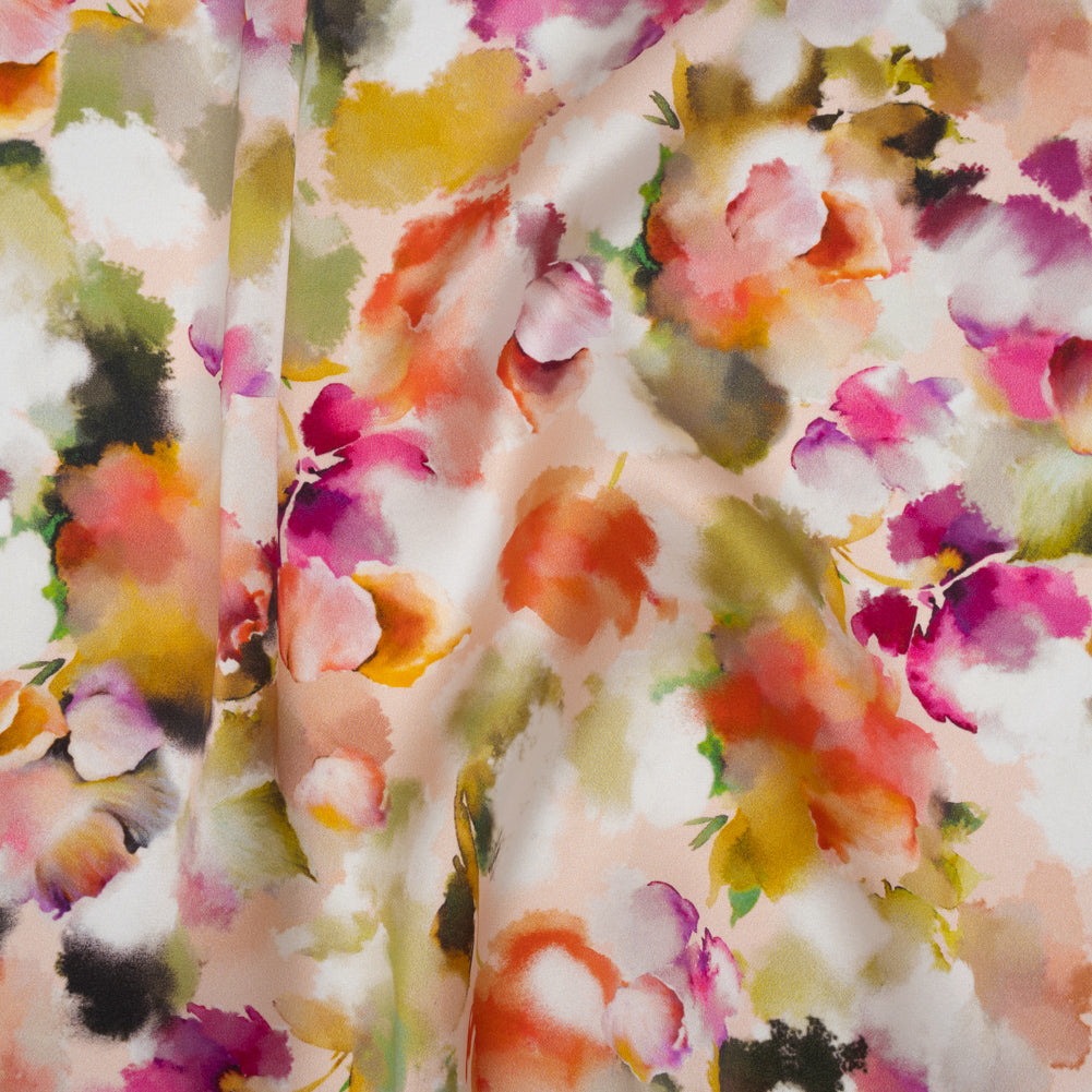 Silk Charmeuse Print 16MM, Made in Italy - Peach, Olive Green and Fuchsia Abstracted Watercolor Flowers Drape