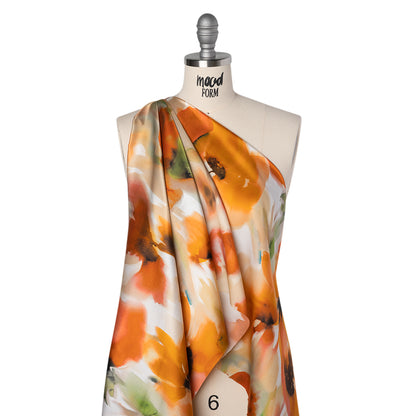 Silk Charmeuse Print 16MM, Made in Italy - Orange and Golden Yellow Soft Watercolor Florals