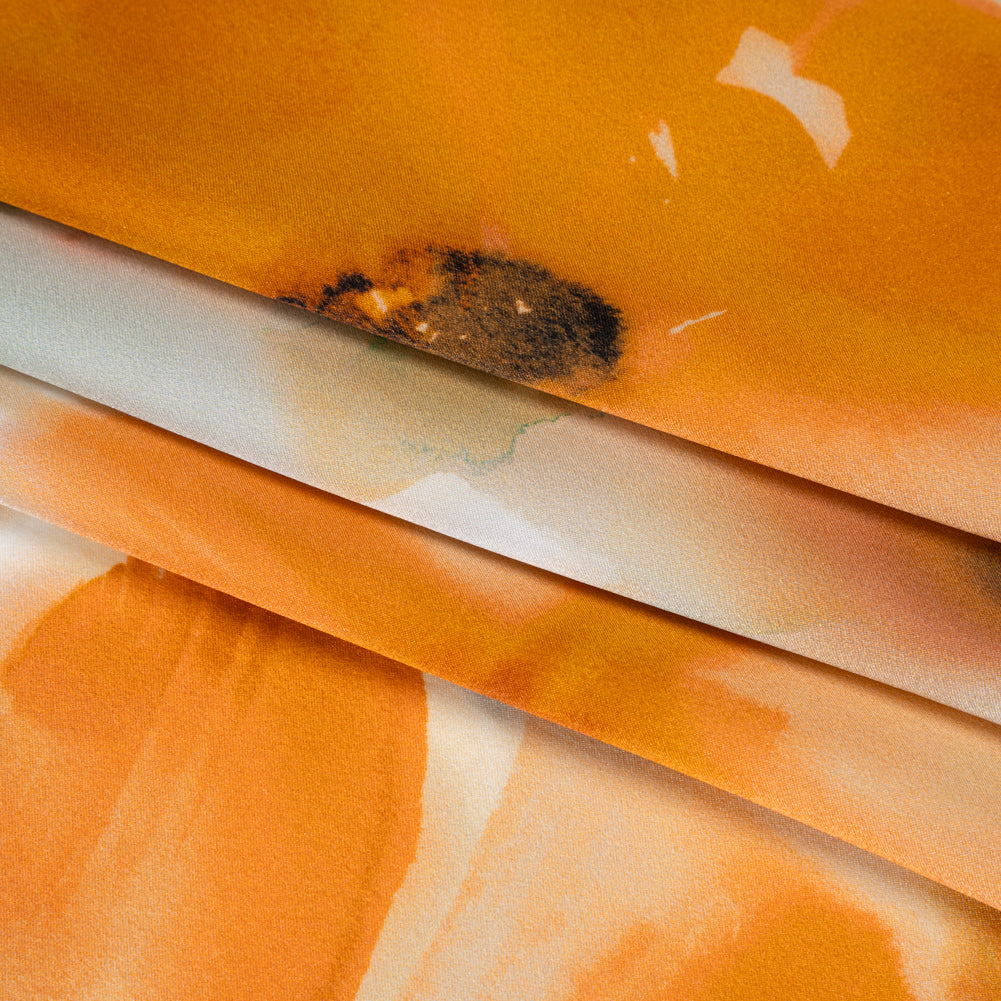 Silk Charmeuse Print 16MM, Made in Italy - Orange and Golden Yellow Soft Watercolor Florals - Detail