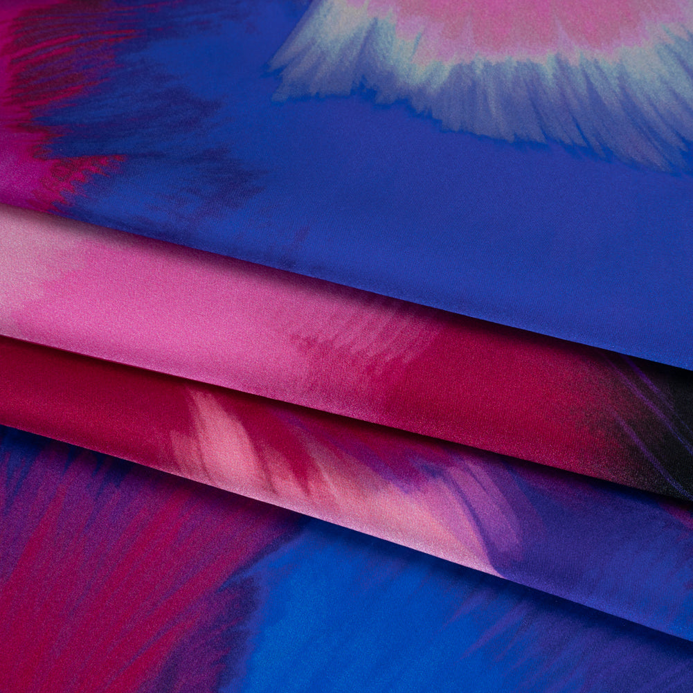 Silk Charmeuse Print 16MM, Made in Italy - Blue, Hot Pink and Red Painted Bursts Detail