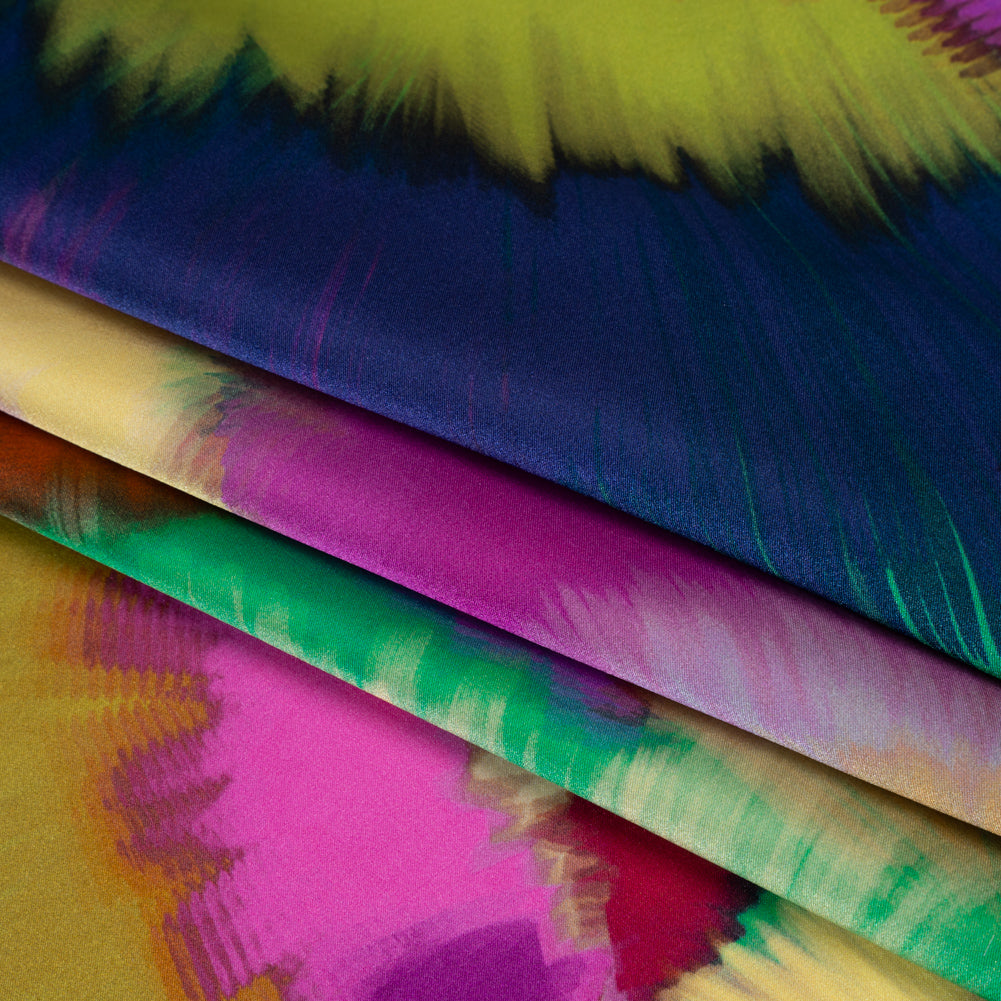 Silk Charmeuse Print 16MM, Made in Italy - Fuchsia, Ochre and Blue Painted Bursts Detail