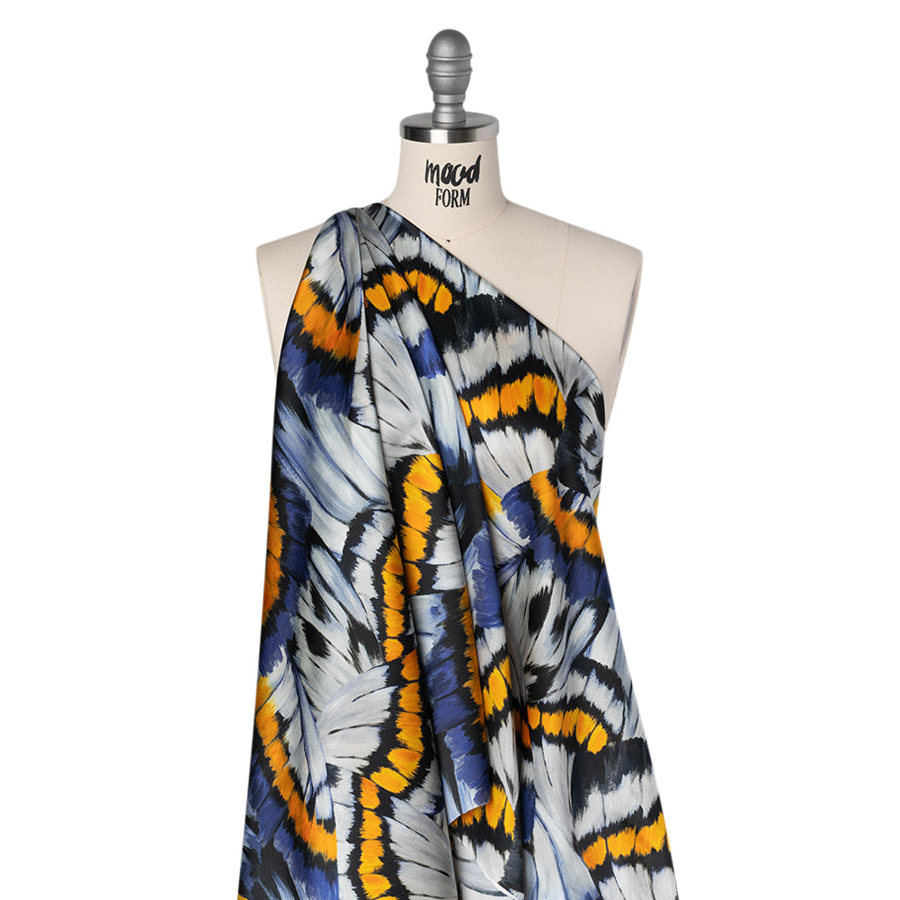 Silk Charmeuse Print 16MM, Made in Italy - Golden Yellow, Navy Blue and Light Gray Butterfly Wings - Folded