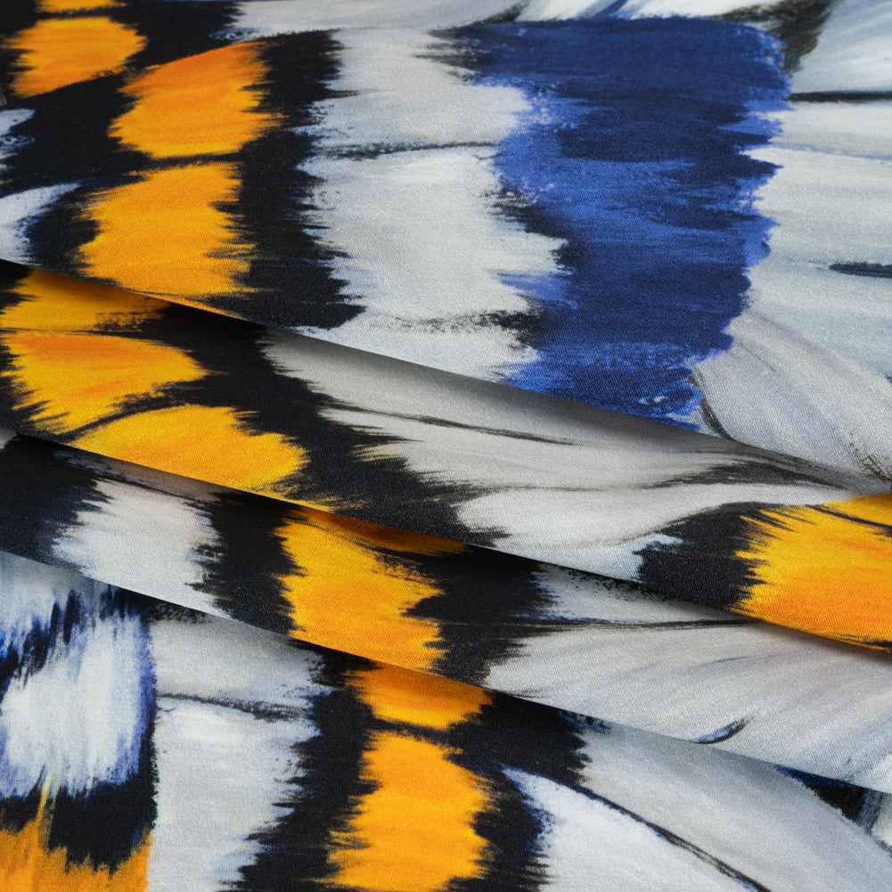 Silk Charmeuse Print 16MM, Made in Italy - Golden Yellow, Navy Blue and Light Gray Butterfly Wings - Detail