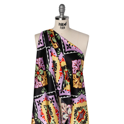 Silk Charmeuse Print 16MM, Made in Italy - Black, Lavender and Pale Yellow Fancy Floral Tiles Folded