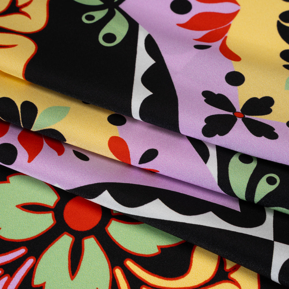 Silk Charmeuse Print 16MM, Made in Italy - Black, Lavender and Pale Yellow Fancy Floral Tiles Detail