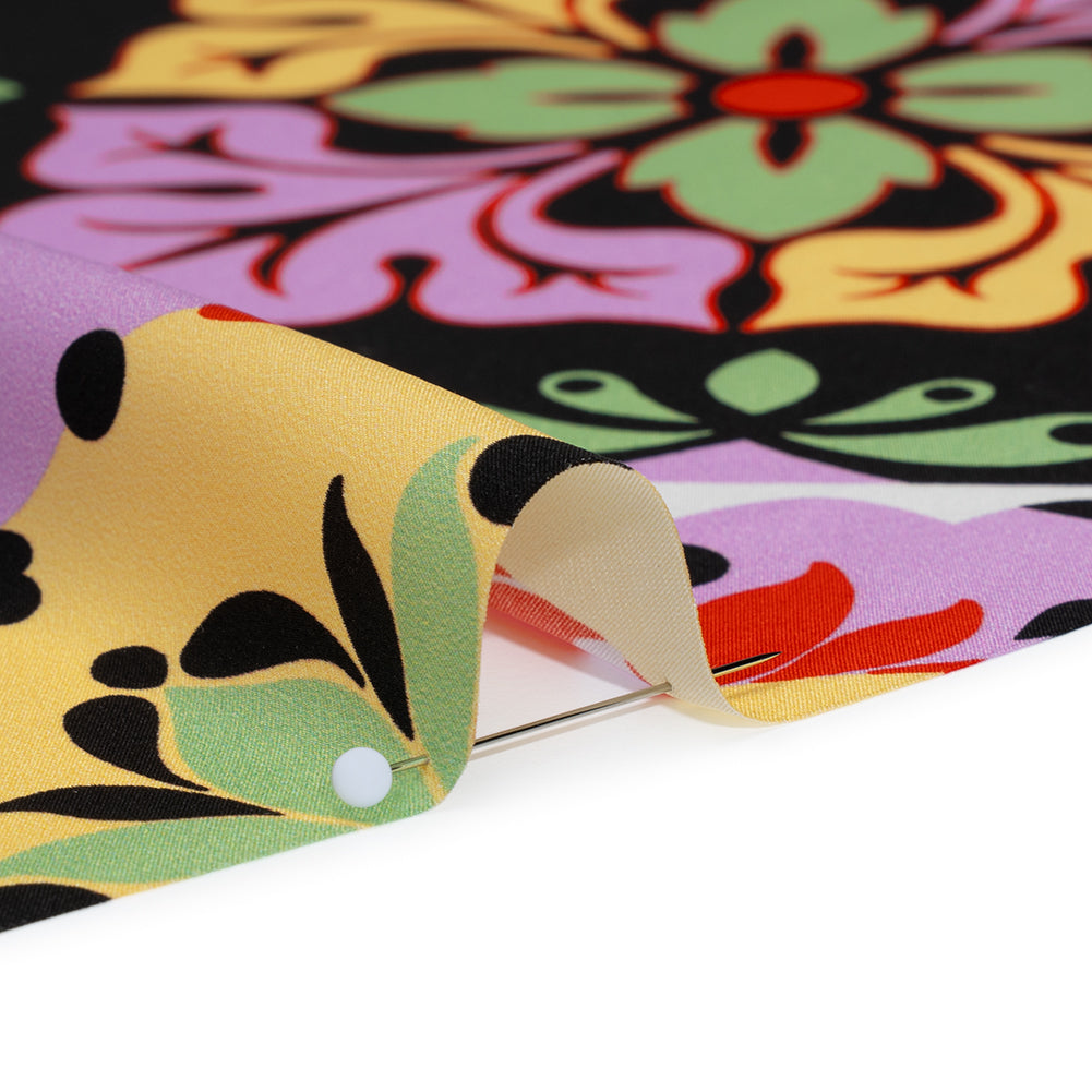 Silk Charmeuse Print 16MM, Made in Italy - Black, Lavender and Pale Yellow Fancy Floral Tiles Full