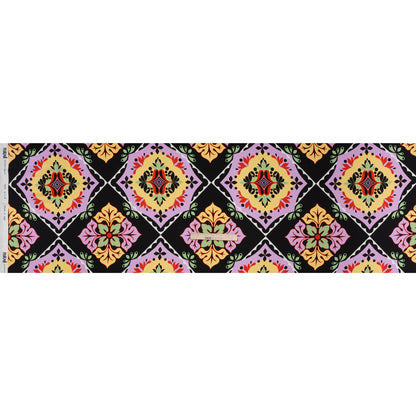 Silk Charmeuse Print 16MM, Made in Italy - Black, Lavender and Pale Yellow Fancy Floral Tiles