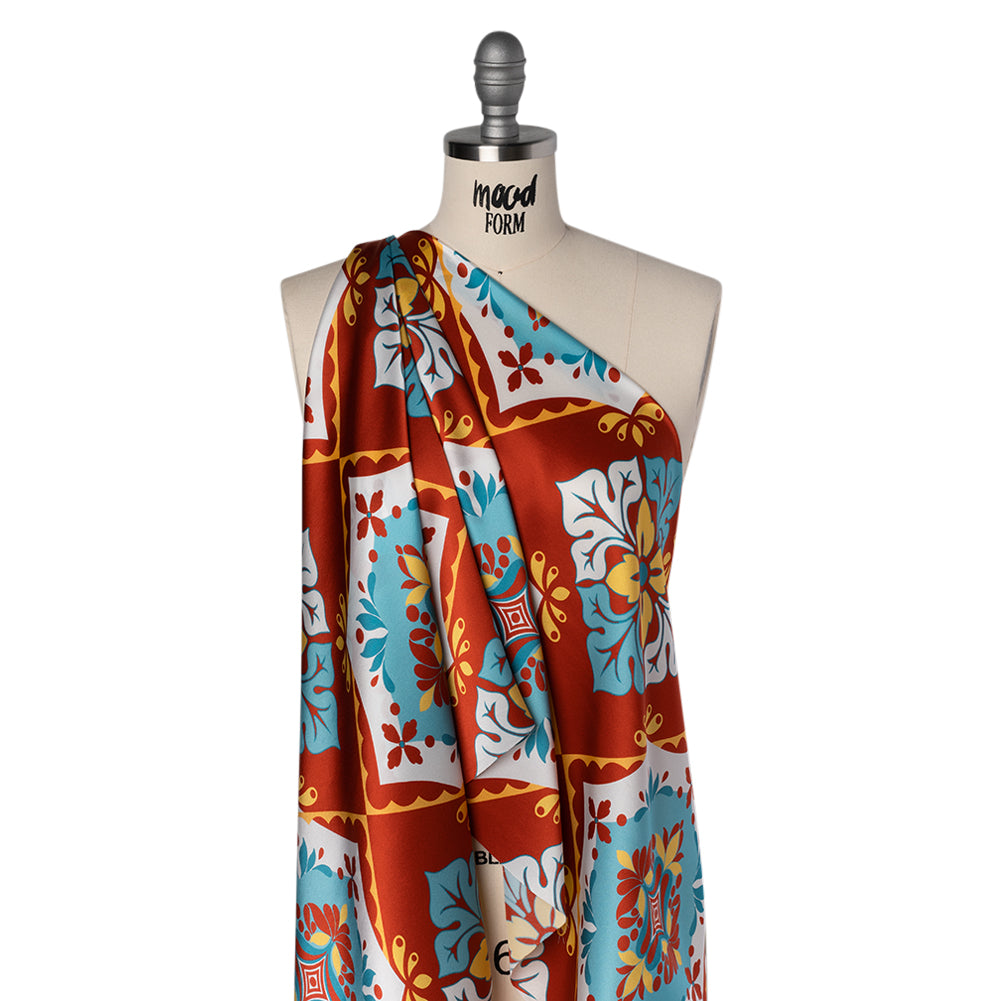 Silk Charmeuse Print 16MM, Made in Italy - Turquoise, Rust Red and Golden Yellow Fancy Floral Tiles - Folded