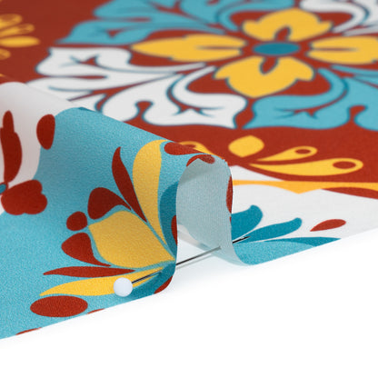 Silk Charmeuse Print 16MM, Made in Italy - Turquoise, Rust Red and Golden Yellow Fancy Floral Tiles