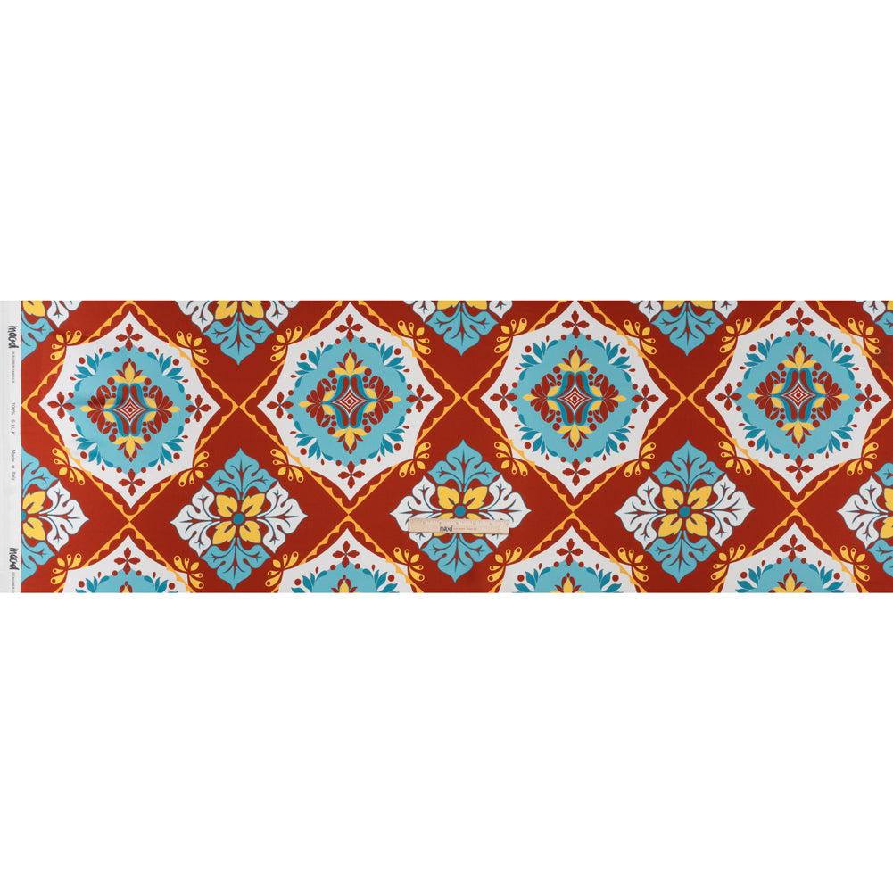 Silk Charmeuse Print 16MM, Made in Italy - Turquoise, Rust Red and Golden Yellow Fancy Floral Tiles - Full - Image 5 of 6