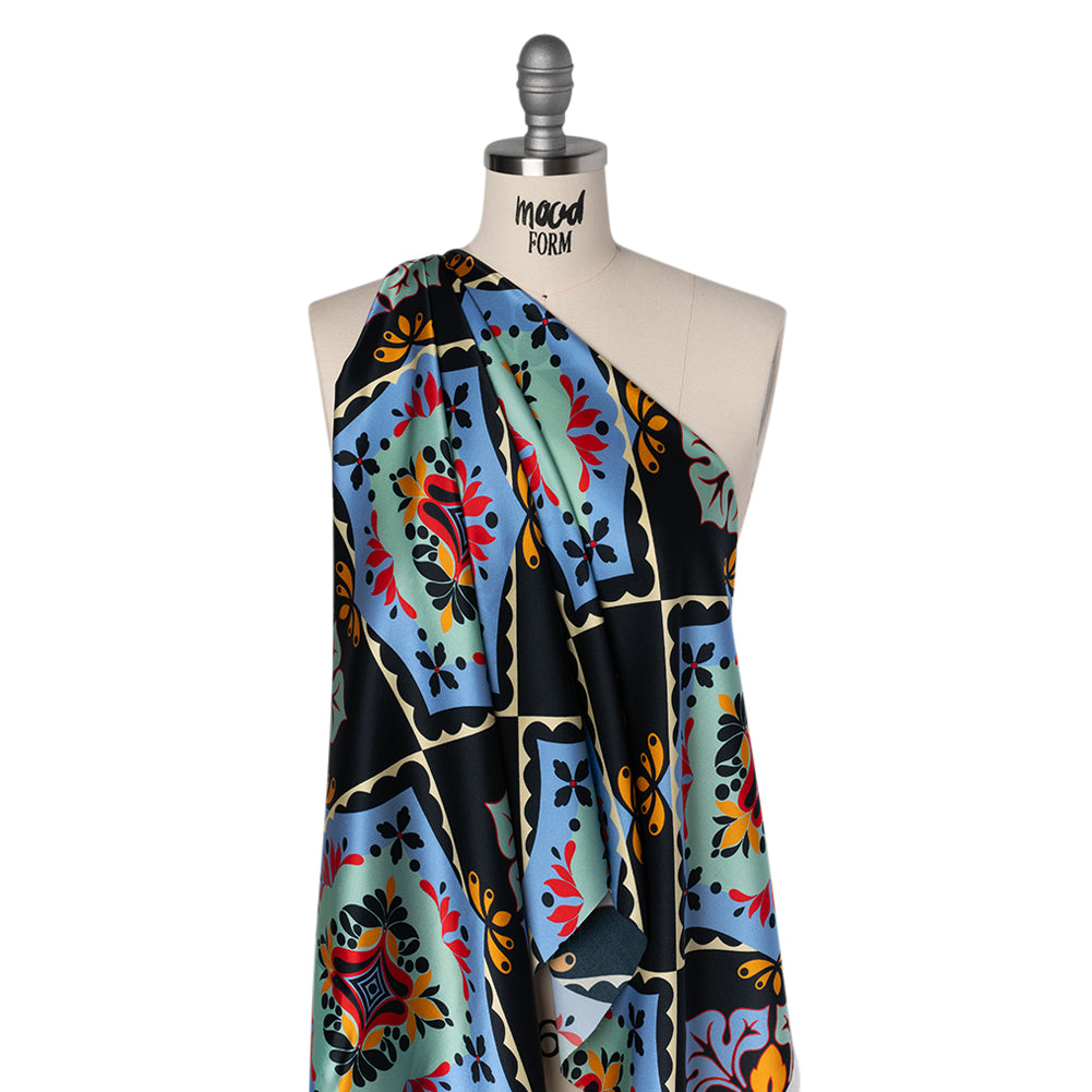 Silk Charmeuse Print 16MM, Made in Italy - Midnight Navy, Mint and Country Blue Fancy Floral Tiles Folded