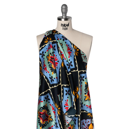 Silk Charmeuse Print 16MM, Made in Italy - Midnight Navy, Mint and Country Blue Fancy Floral Tiles Folded