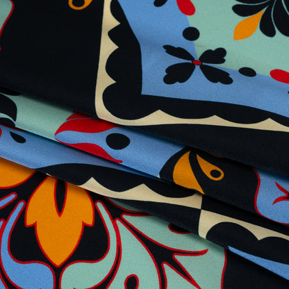 Silk Charmeuse Print 16MM, Made in Italy - Midnight Navy, Mint and Country Blue Fancy Floral Tiles Detail