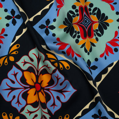 Silk Charmeuse Print 16MM, Made in Italy - Midnight Navy, Mint and Country Blue Fancy Floral Tiles Drape