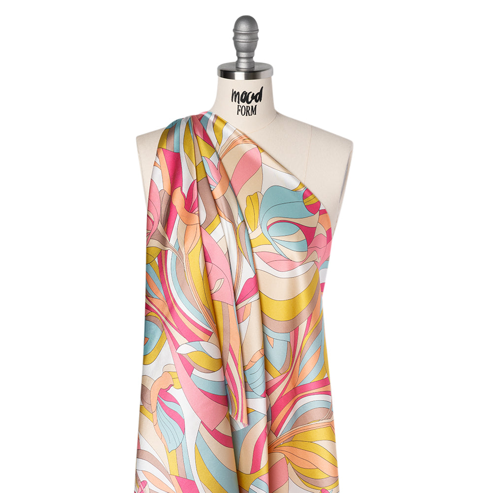 Silk Charmeuse Print 16MM, Made in Italy - Peachy Pink, Sky Blue and Taupe Retro Florals Folded