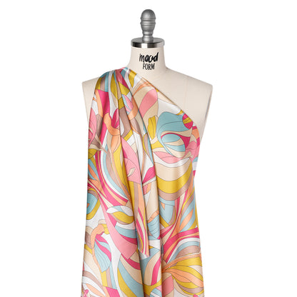 Silk Charmeuse Print 16MM, Made in Italy - Peachy Pink, Sky Blue and Taupe Retro Florals Folded