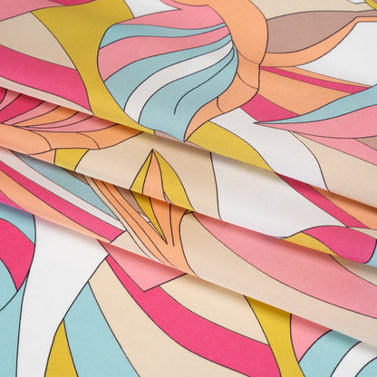 Silk Charmeuse Print 16MM, Made in Italy - Peachy Pink, Sky Blue and Taupe Retro Florals Detail