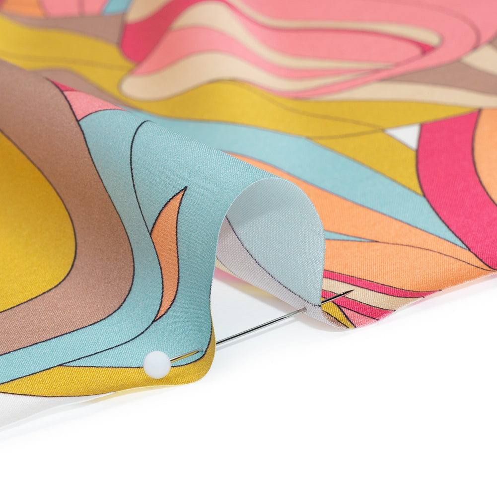 Silk Charmeuse Print 16MM, Made in Italy - Peachy Pink, Sky Blue and Taupe Retro Florals Full