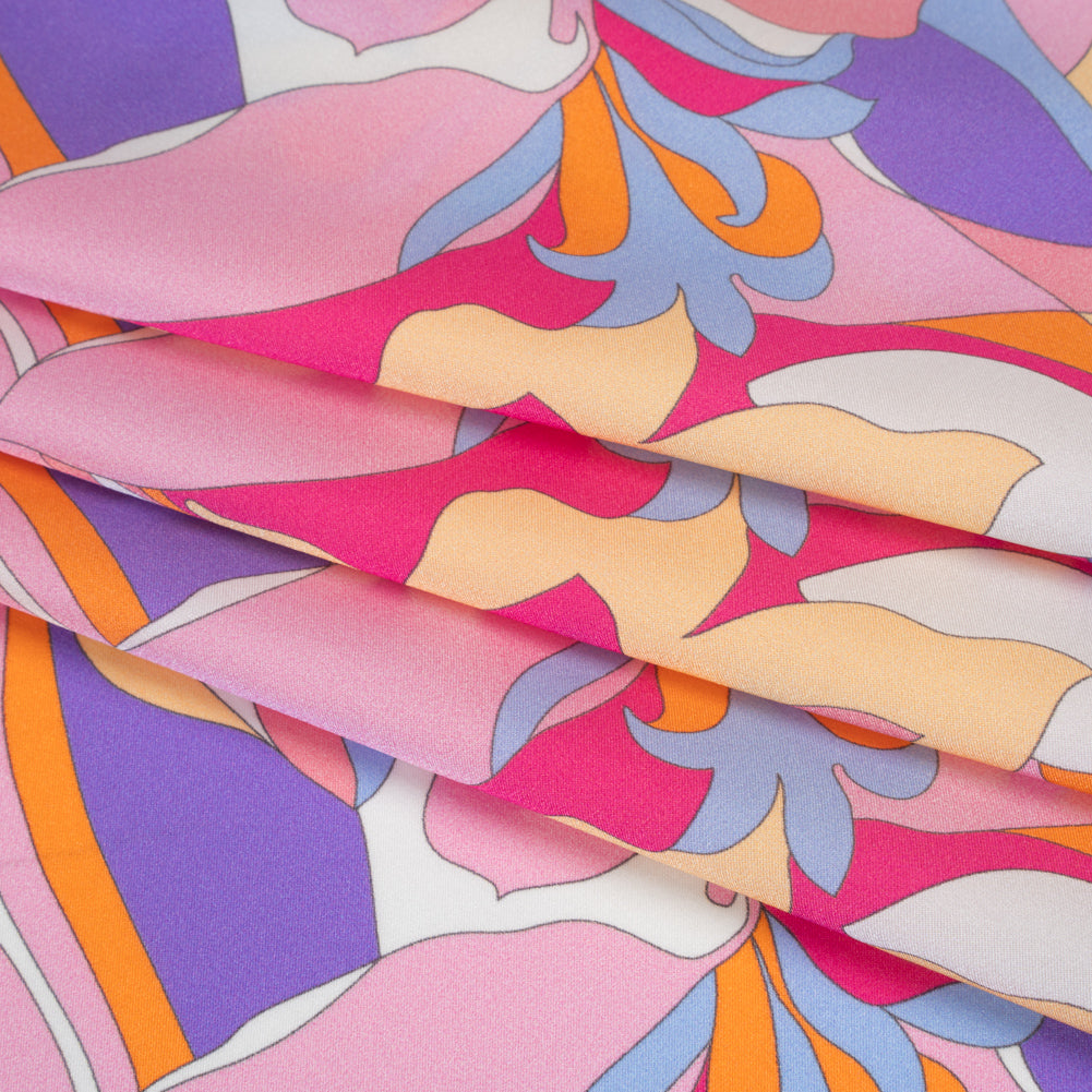 Silk Charmeuse Print 16MM, Made in Italy - Pink, Purple and Pastel Yellow Retro Lily Florals - Detail
