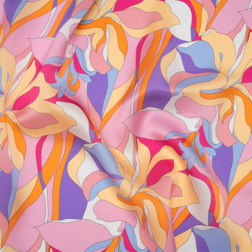 Silk Charmeuse Print 16MM, Made in Italy - Pink, Purple and Pastel Yellow Retro Lily Florals - Drape