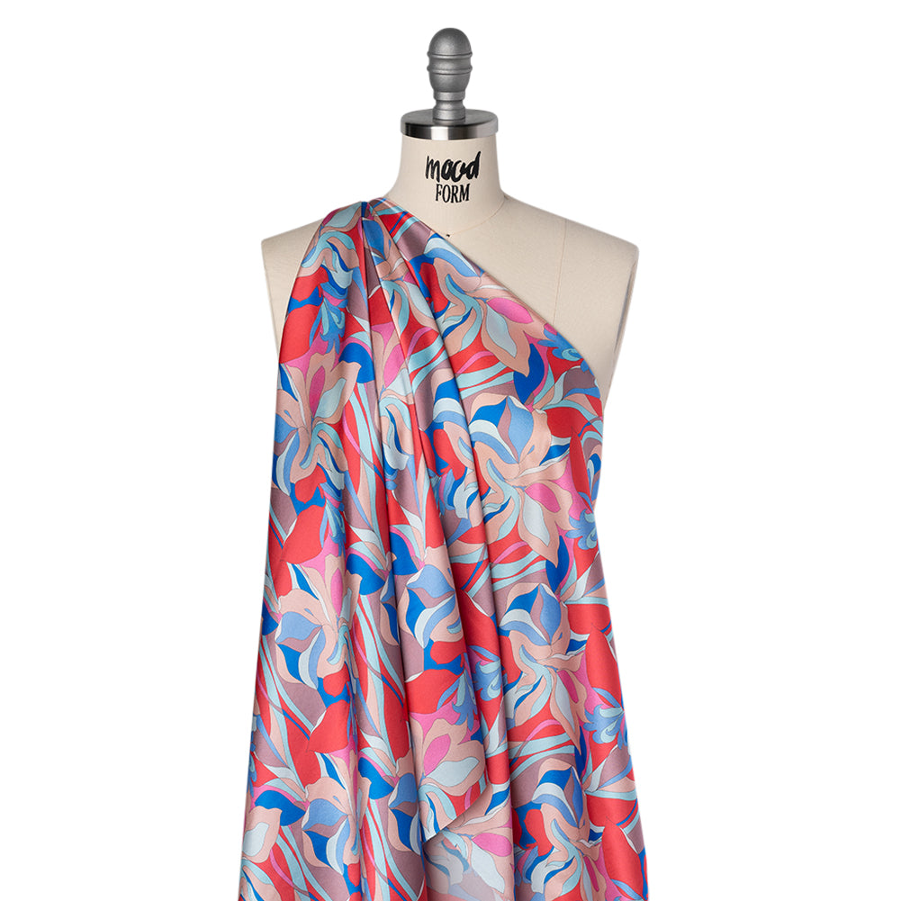 Silk Charmeuse Print 16MM, Made in Italy - Peach, Cobalt Blue and Red Retro Lily Florals Folded