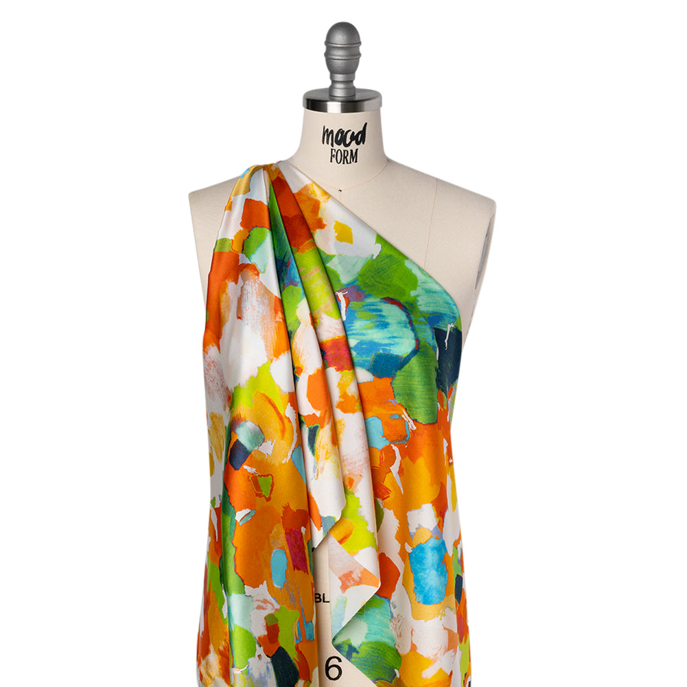 Silk Charmeuse Print 16MM, Made in Italy - Orange, Lime Green and Blue Painterly Abstract - Folded
