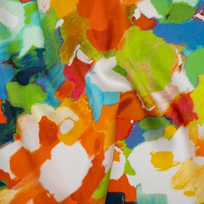 Silk Charmeuse Print 16MM, Made in Italy - Orange, Lime Green and Blue Painterly Abstract