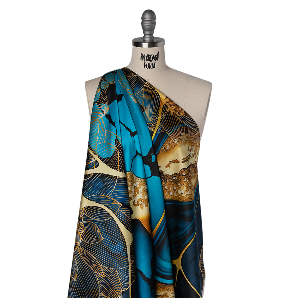 Silk Charmeuse Panel 16MM, Made in Italy - Turquoise, Teal and Gold Linework Flowers and Gemstones Folded