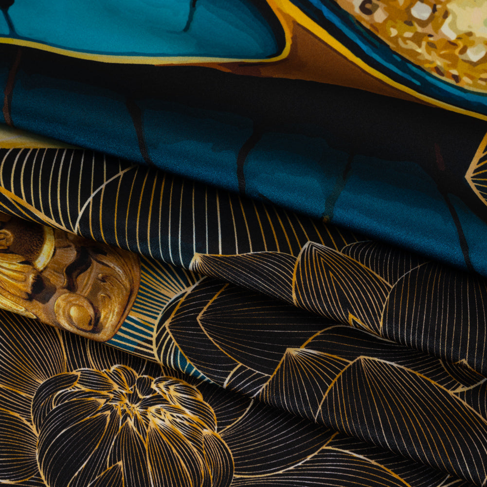 Silk Charmeuse Panel 16MM, Made in Italy - Turquoise, Teal and Gold Linework Flowers and Gemstones Detail