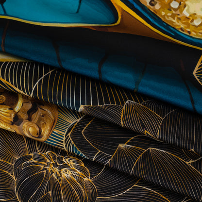 Silk Charmeuse Panel 16MM, Made in Italy - Turquoise, Teal and Gold Linework Flowers and Gemstones Detail