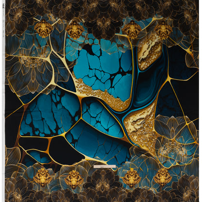 Silk Charmeuse Panel 16MM, Made in Italy - Turquoise, Teal and Gold Linework Flowers and Gemstones